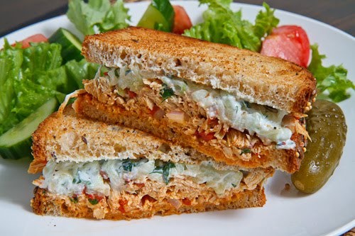 'Souvlaki' chicken salad sandwich with roasted red peppers and feta