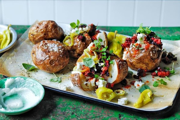 Souvlaki potatoes with feta, herbs & chorizo