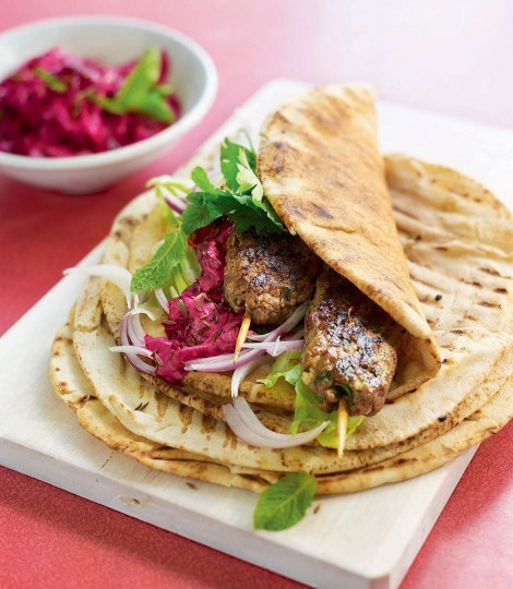 Souvlaki wraps with beetroot tzatziki
