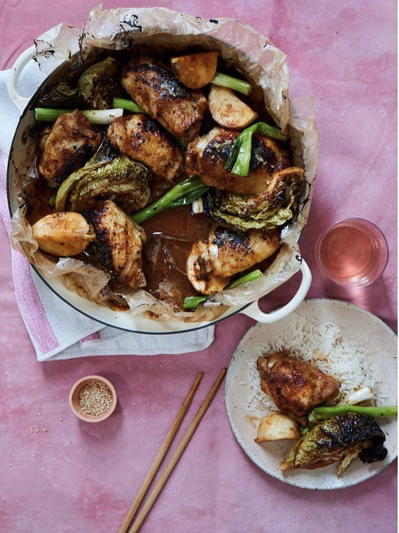 Soy & miso roast chicken with cabbage, turnips & spring onions