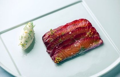 Soy and beetroot marinated salmon with fennel pollen cream
