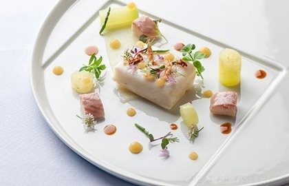 Soy and butter poached halibut with pickled apple and smoked eel