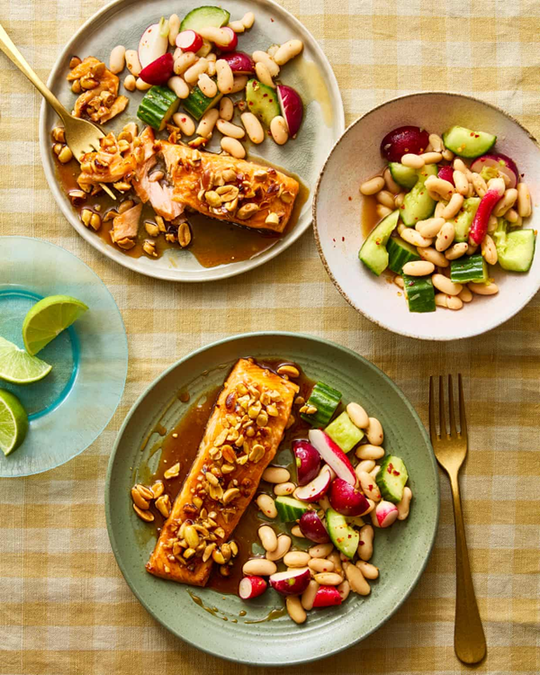 Soy and peanut trout and smashed cucumbers
