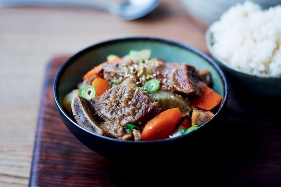 Soy-braised beef short ribs with vegetables (Galbi jjim)