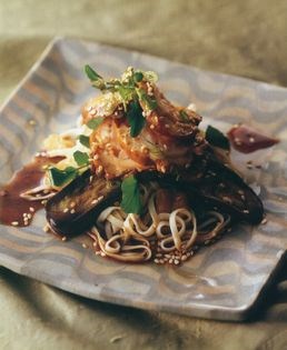 Soy-braised chicken with sesame noodles, eggplant, mint and watercress