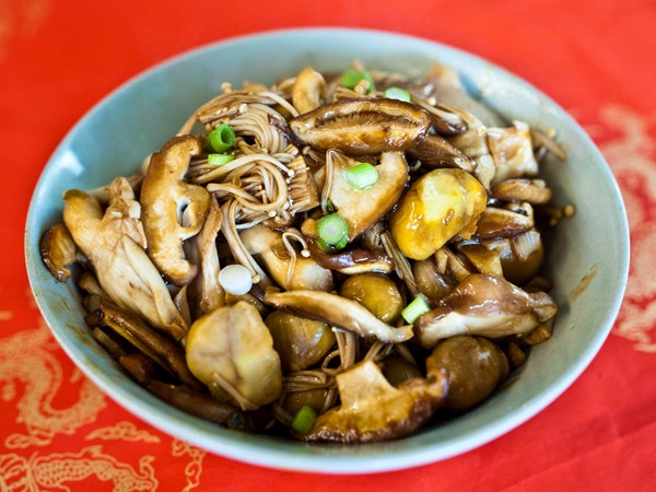 Soy-braised fall mushrooms with chestnuts