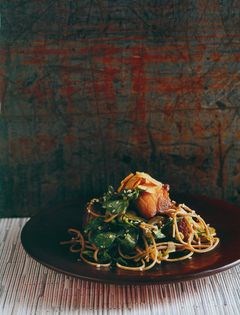 Soy-braised pork, eggplant and soba noodle salad