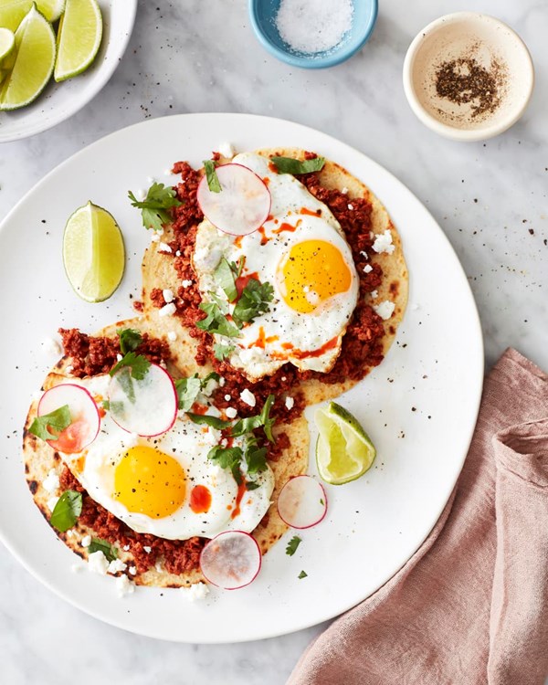 Soy chorizo and fried egg breakfast tacos