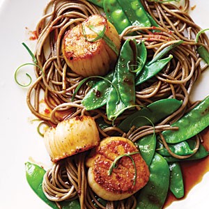 Soy-citrus scallops with soba noodles