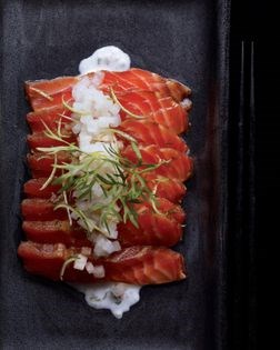 Soy-cured salmon, Asian pear, and cilantro crème fraiche