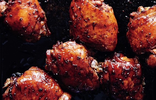 Soy-glazed chicken thighs with asparagus and scallions