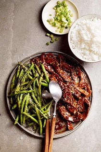 Soy-glazed flank steak with blistered green beans