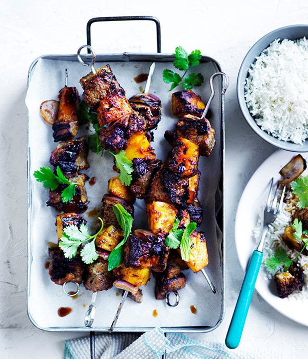 Soy-glazed pork and pineapple skewers
