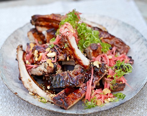 Soy-glazed pork ribs with cashews & sansho pepper