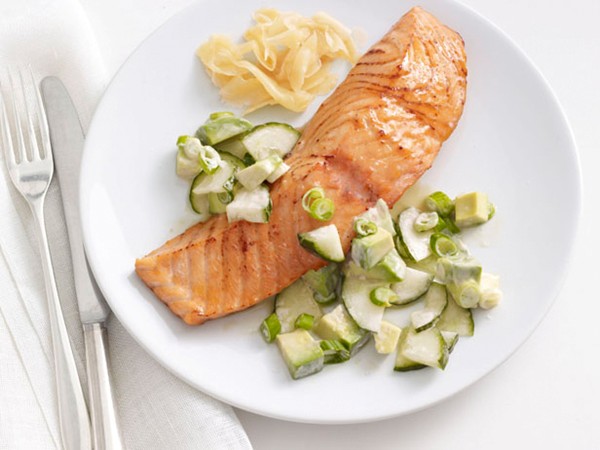 Soy-glazed salmon with cucumber-avocado salad