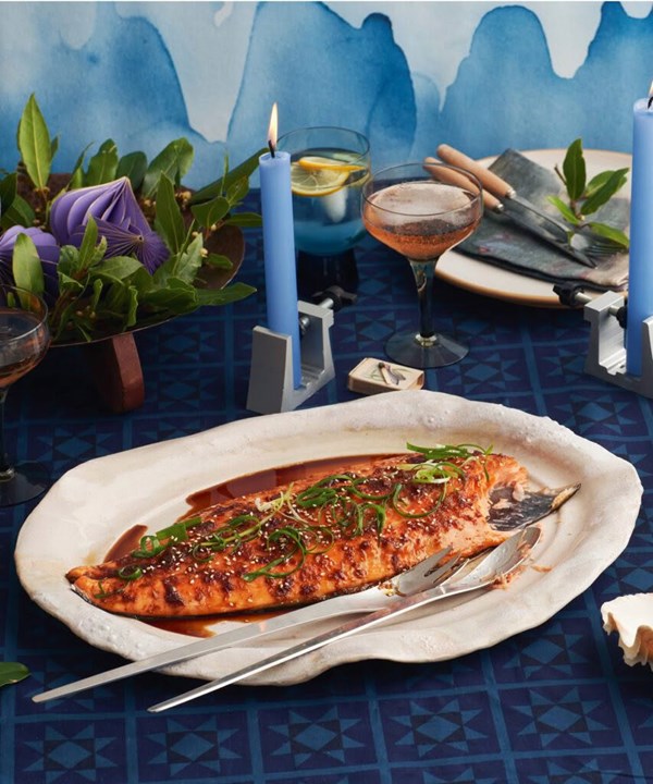 Soy-glazed salmon with orange-chilli buttered vegetables 
