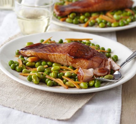 Soy-glazed salmon with pea, carrot and edamame salad