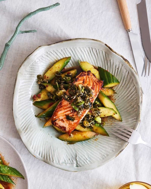 Soy-glazed salmon with spicy sour cucumber & seaweed salsa