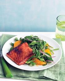 Soy-glazed salmon with watercress salad