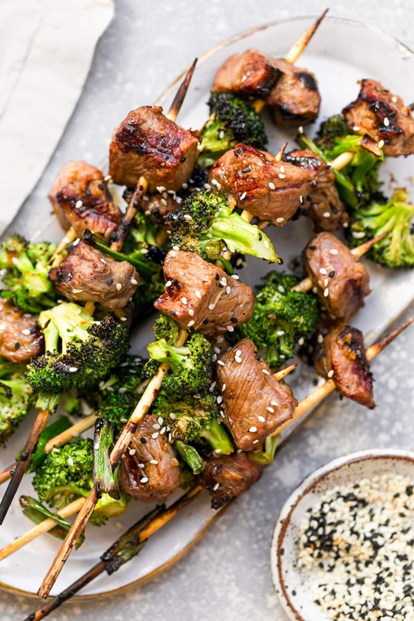 Soy-marinated beef and broccoli skewers