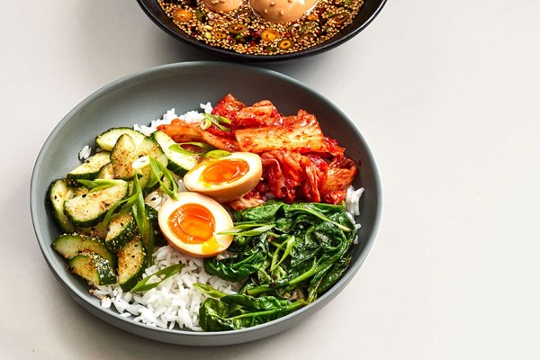 Soy-marinated egg and spinach rice bowl [Sam Fore, Tuk Tuk Sri Lankan Bites]