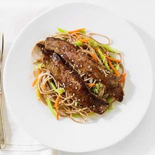 Soy-marinated flank steak with soba noodles