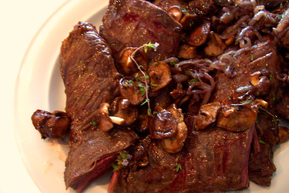 Soy marinated skirt steak with stir-fried wild mushrooms