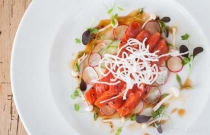 Soy, mirin and yuzu-marinated Alaska salmon with white radish, apple and cucumber salad
