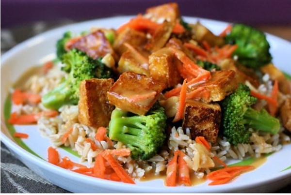 Soy-mirin tofu with snow peas and peanut sauce
