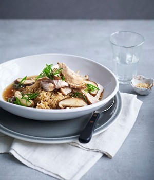 Soy-poached chicken, brown rice and shiitake mushrooms