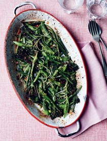 Soy-roasted broccoli, sugarsnap peas & green beans with sesame, lime & chilli 