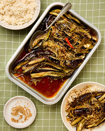Soy, sake and sesame oil-braised aubergines