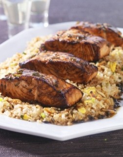 Soy-sake salmon with almond fried rice
