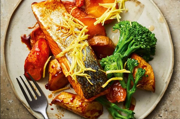 Soy salmon with roasted roots & pickled ginger