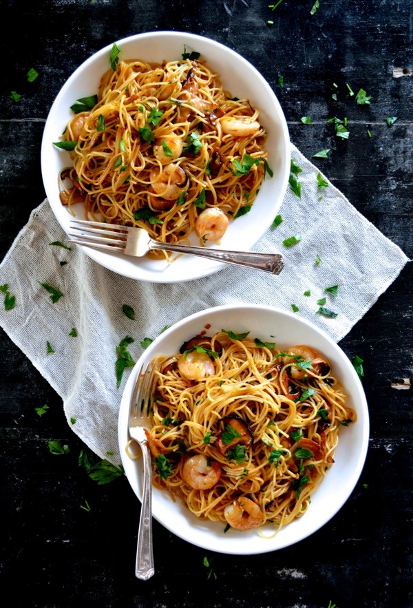 Soy sauce butter pasta with shrimp and shiitakes