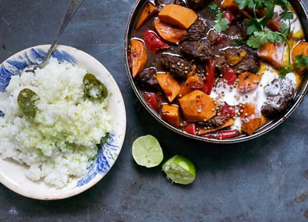 Soy, sweet potato and beef pot with steamed lime rice 