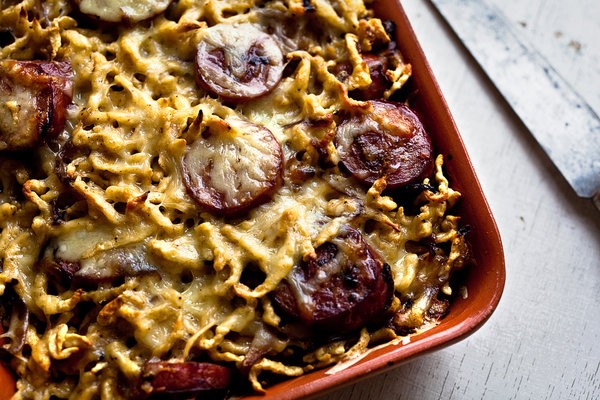 Spaetzle with kielbasa and caramelized onions