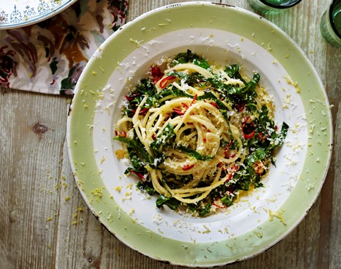 Spaghetti aglio e olio and spring greens