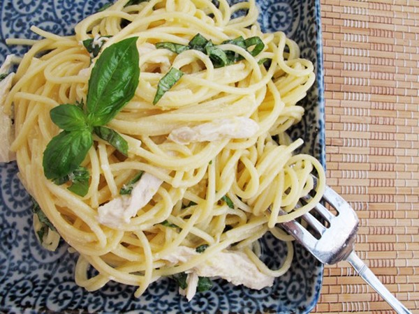 Spaghetti al limone with poached chicken