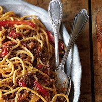 Spaghetti alla chitarra with lamb & sweet peppers