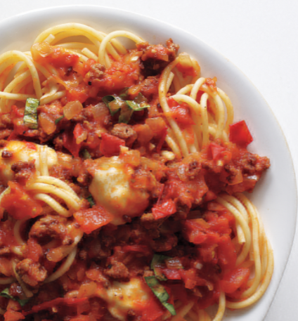 Spaghetti and meat sauce and mozzarella