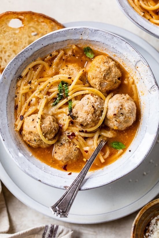 Spaghetti and meatball soup