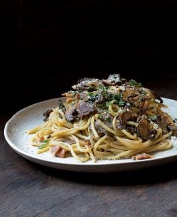 Spaghetti carbonara with porcini mushrooms