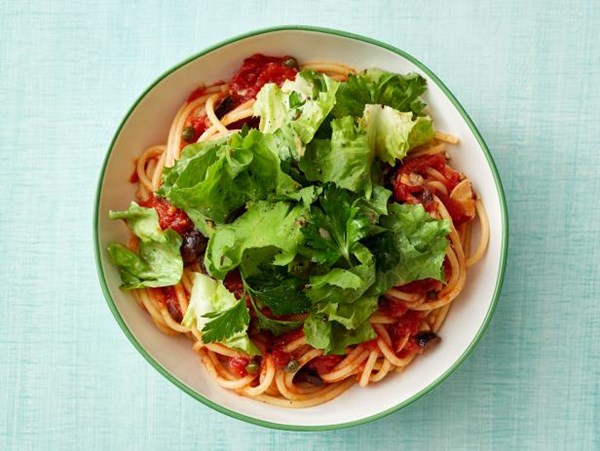 Spaghetti puttanesca with escarole salad
