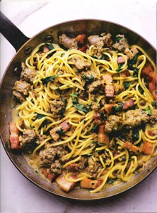 Spaghetti, sausages and mustard