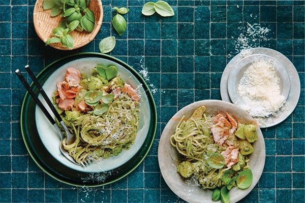 Spaghetti, soft-herb pesto, crushed potato and salmon