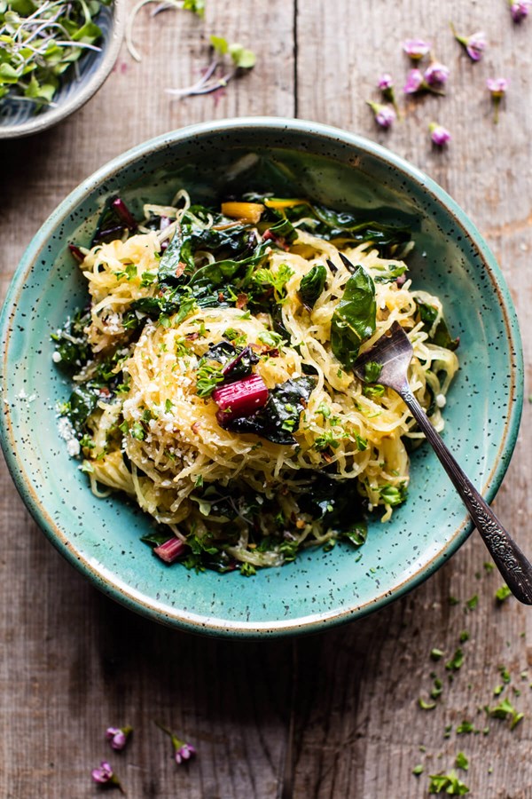 Spaghetti squash aglio e olio with rainbow chard