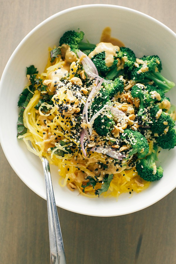 Spaghetti squash noodle bowl & lime peanut sauce