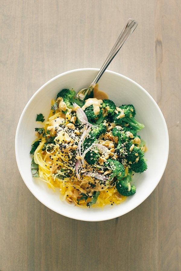 Spaghetti squash noodle bowls with lime peanut sauce