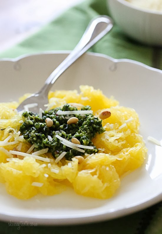 Spaghetti squash with arugula pesto